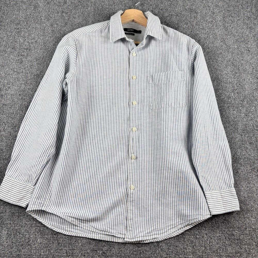 SPAO Mens Shirt S Blue White Stripe Long Sleeve Button Up Regular Fit